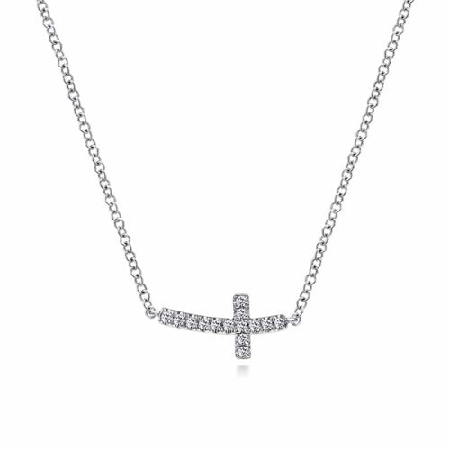 14K White Gold Sideways Curved Diamond Cross Necklace - NK4345W45JJ-Gabriel & Co.-Renee Taylor Gallery