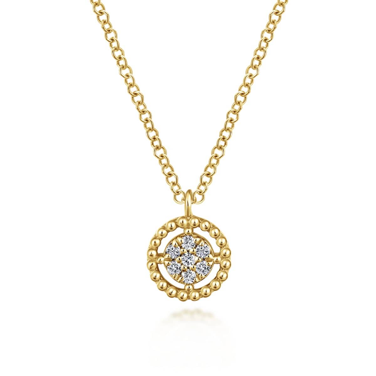 14K Yellow Gold Beaded Round Floating Diamond Pendant