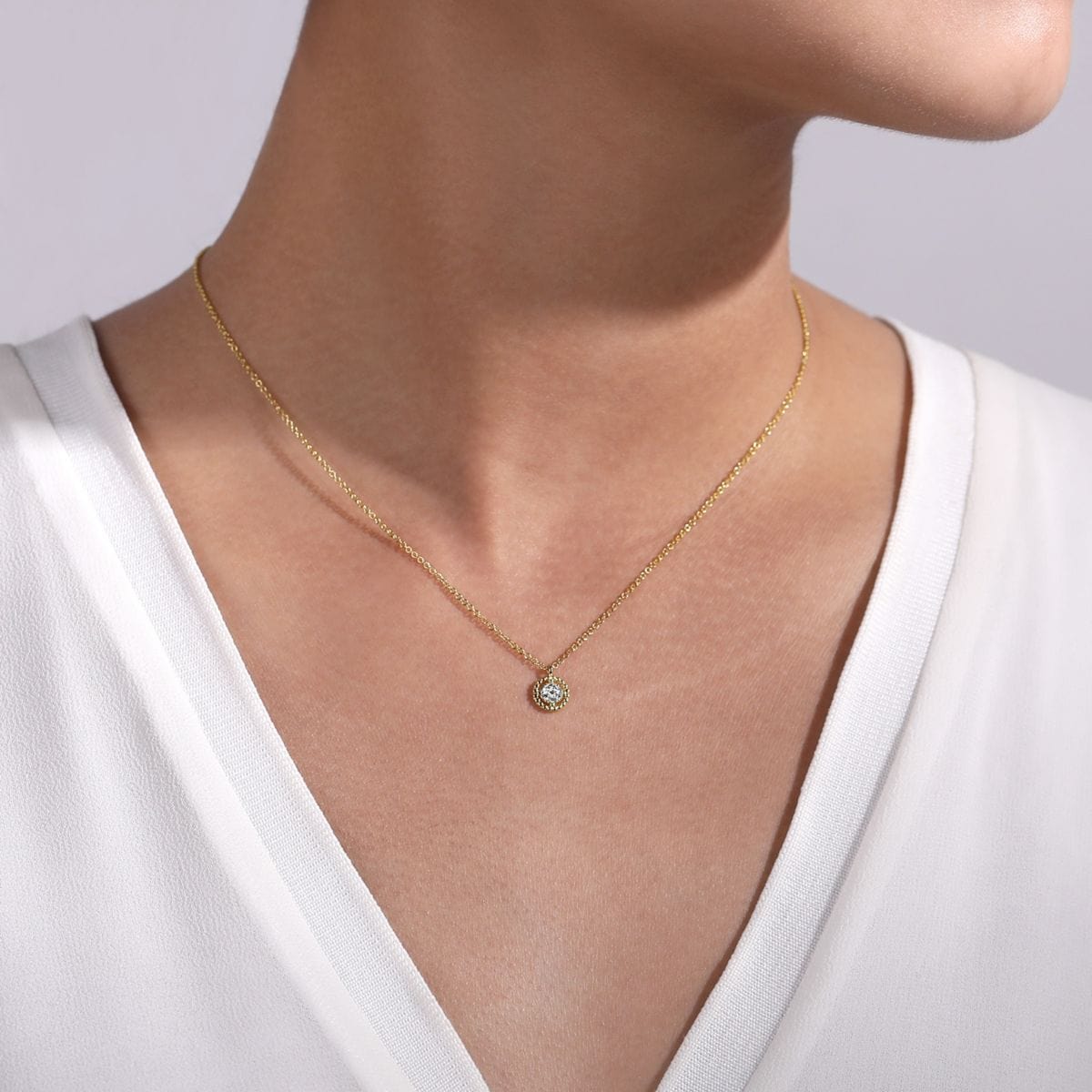 14K Yellow Gold Beaded Round Floating Diamond Pendant