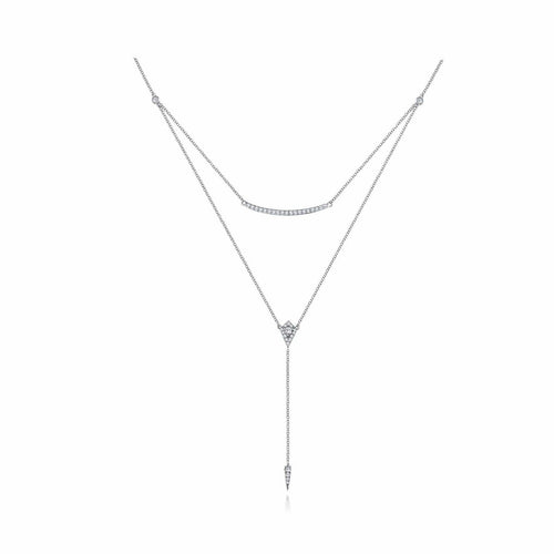 14K White Gold Layered Curved Bar and Diamond Drop Y Necklace - NK5806W45JJ-Gabriel & Co.-Renee Taylor Gallery