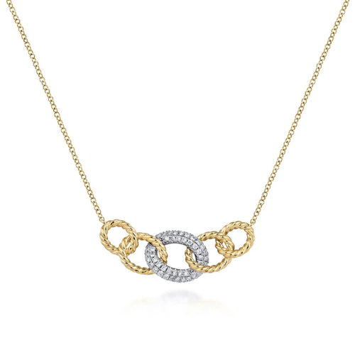 14K Yellow & White Gold Twisted Rope Link Necklace with Pavé Diamond Link Station - NK5847M45JJ-Gabriel & Co.-Renee Taylor Gallery