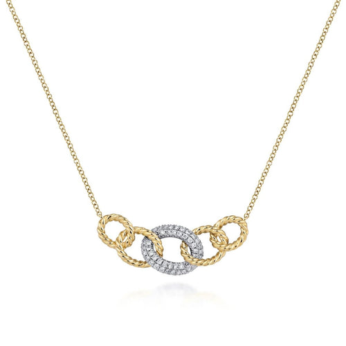 14K Yellow-White Gold Twisted Rope Link Necklace with Pavé Diamond Link Station - NK5847M45JJ-Gabriel & Co.-Renee Taylor Gallery