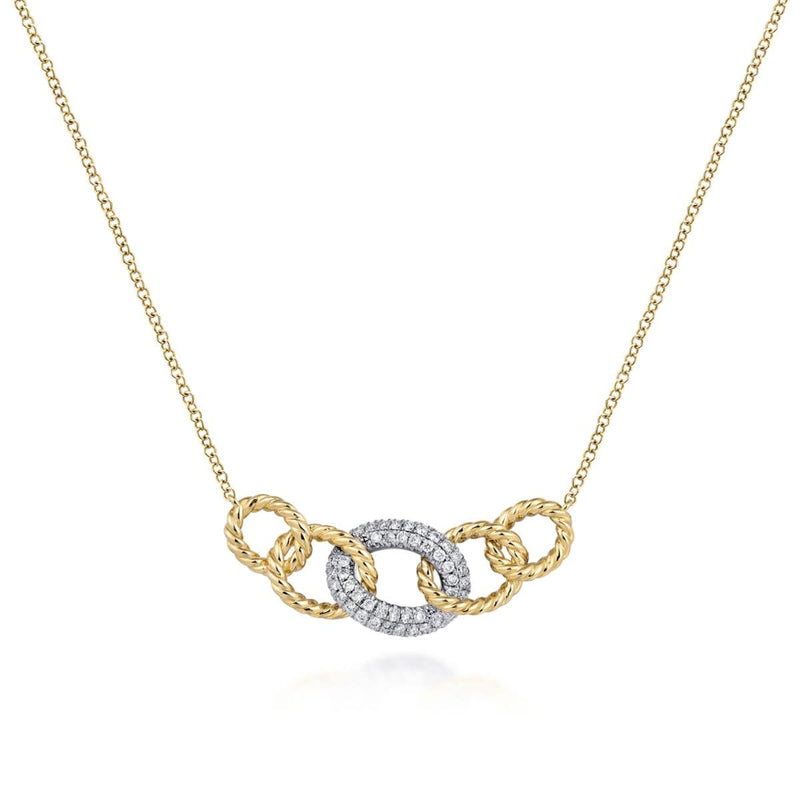 14K Yellow-White Gold Twisted Rope Link Necklace with Pavé Diamond Link Station - NK5847M45JJ-Gabriel & Co.-Renee Taylor Gallery