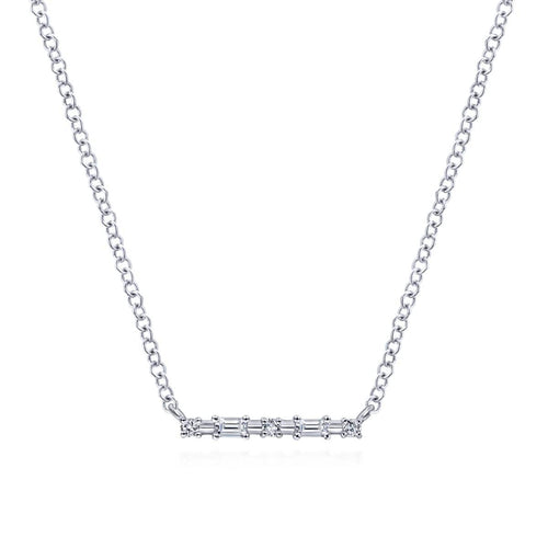 14K White Gold Baguette and Round Diamond Bar Necklace - NK6114W44JJ-Gabriel & Co.-Renee Taylor Gallery