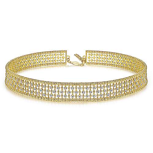 14K Yellow Gold Wide Diamond Station Choker Necklace with Bujukan Beads - NK6209Y45JJ-Gabriel & Co.-Renee Taylor Gallery