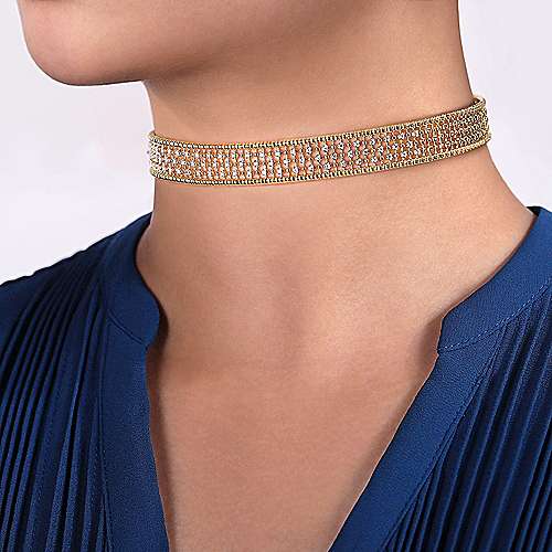 14K Yellow Gold Wide Diamond Station Choker Necklace with Bujukan Beads - NK6209Y45JJ-Gabriel & Co.-Renee Taylor Gallery
