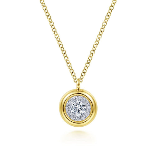 14K Yellow Gold Round Diamond Halo Pendant Necklace with Bezel Frame - NK6617Y45JJ-Gabriel & Co.-Renee Taylor Gallery