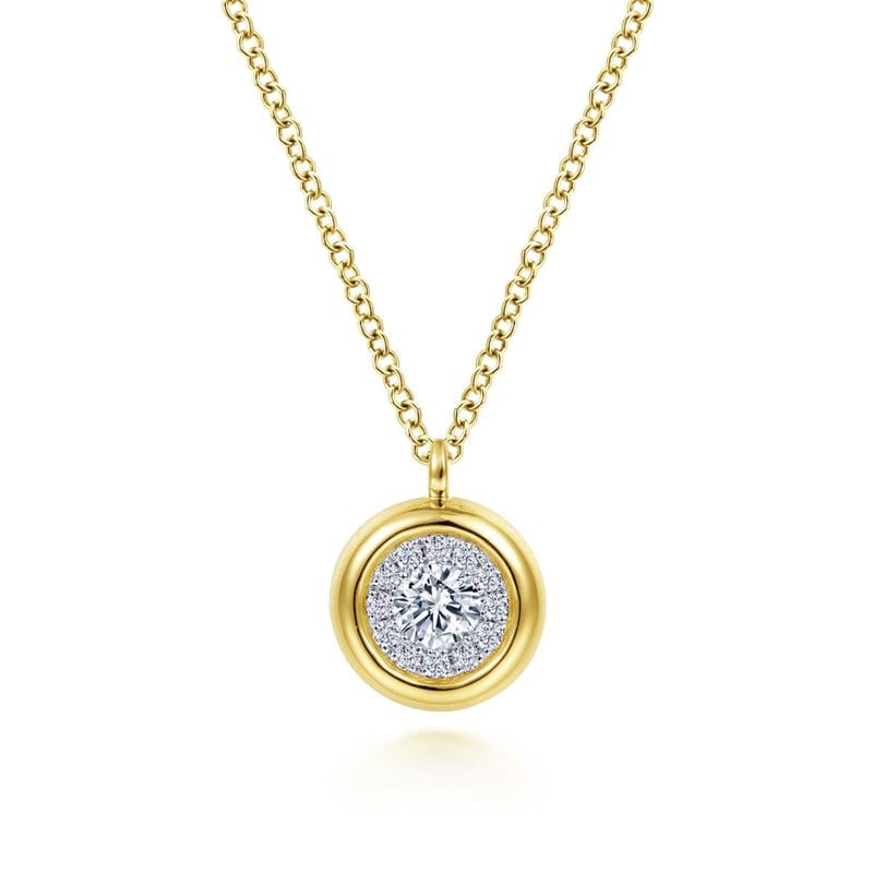 14K Yellow Gold Round Diamond Halo Pendant Necklace with Bezel Frame - NK6617Y45JJ-Gabriel & Co.-Renee Taylor Gallery