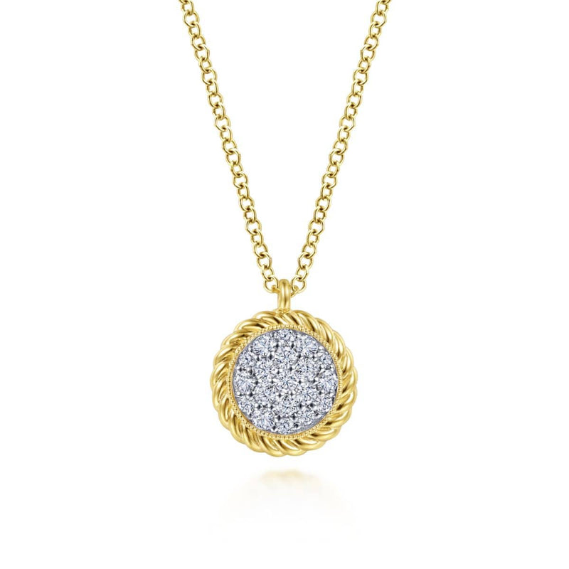 14K Yellow Gold Round Diamond Pavé Pendant Necklace with Twisted Rope Frame - NK6624Y45JJ-Gabriel & Co.-Renee Taylor Gallery