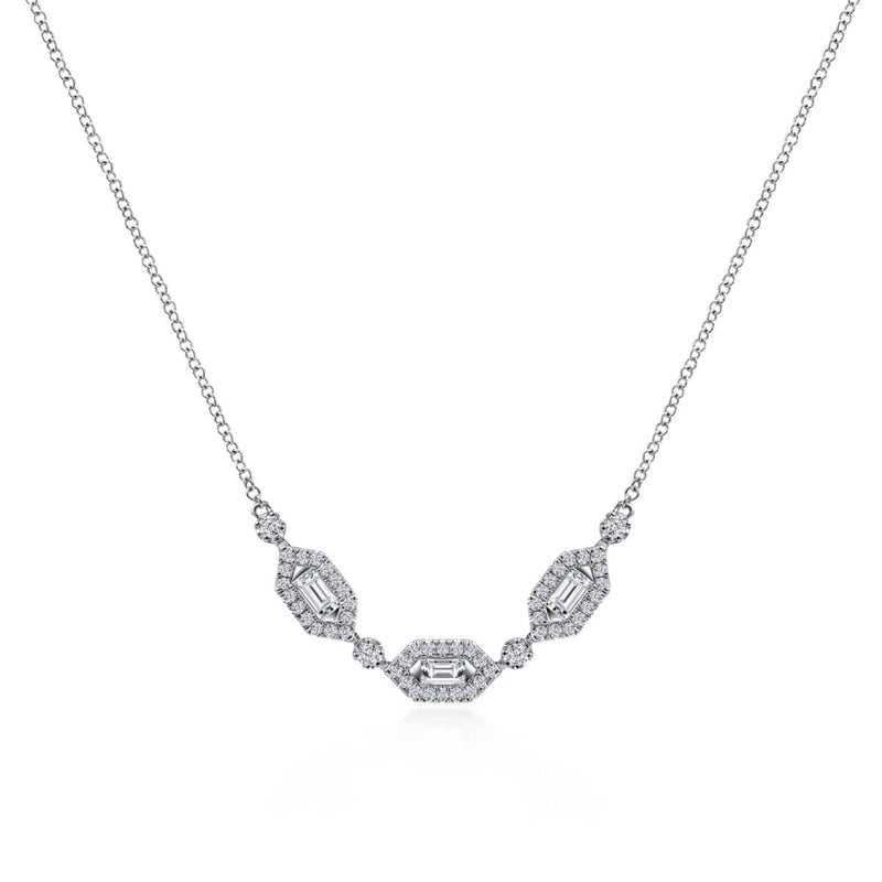 14K White Gold Baguette and Round Hexagonal Station Diamond Necklace - NK6646W44JJ-Gabriel & Co.-Renee Taylor Gallery