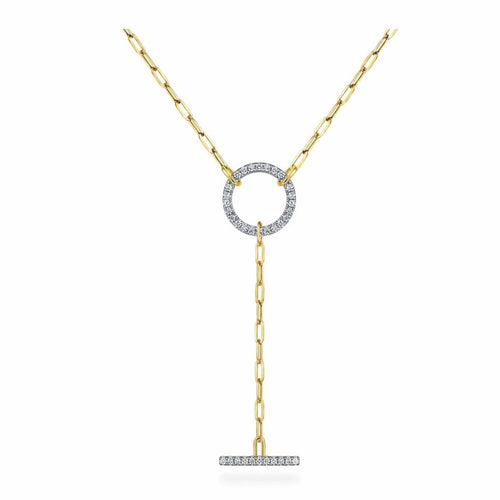 14K Yellow Gold Diamond Circle and Bar "Y" Knot Necklace with Hollow Paperclip Chain - NK7130Y45JJ-Gabriel & Co.-Renee Taylor Gallery