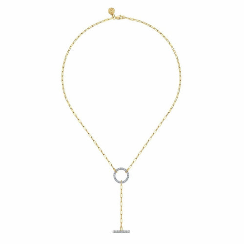 14K Yellow Gold Diamond Circle and Bar "Y" Knot Necklace with Hollow Paperclip Chain - NK7130Y45JJ-Gabriel & Co.-Renee Taylor Gallery