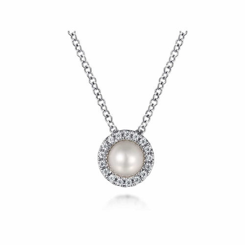 14K White Gold 18" Pearl and Diamond Halo Pendant Necklace - NK7268W45PL-Gabriel & Co.-Renee Taylor Gallery