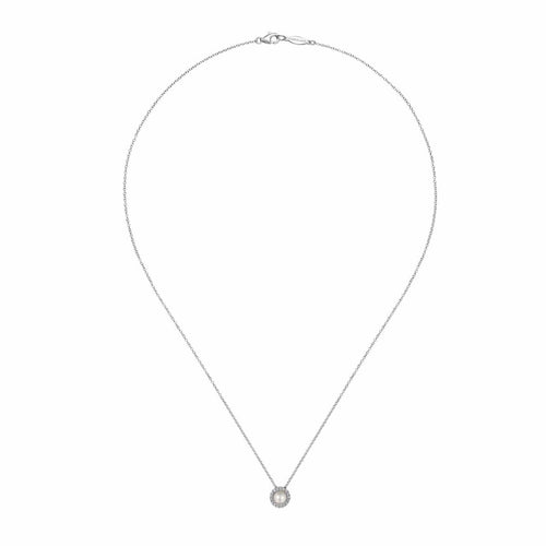 14K White Gold 18" Pearl and Diamond Halo Pendant Necklace - NK7268W45PL-Gabriel & Co.-Renee Taylor Gallery