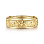 14K Yellow Gold 7mm - Engraved Woven Men's Wedding Band in Satin Finish - MBH0166-70Y4JJJ-Gabriel & Co.-Renee Taylor Gallery