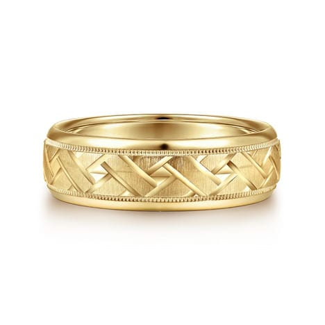 14K Yellow Gold 7mm - Engraved Woven Men's Wedding Band in Satin Finish - MBH0166-70Y4JJJ-Gabriel & Co.-Renee Taylor Gallery
