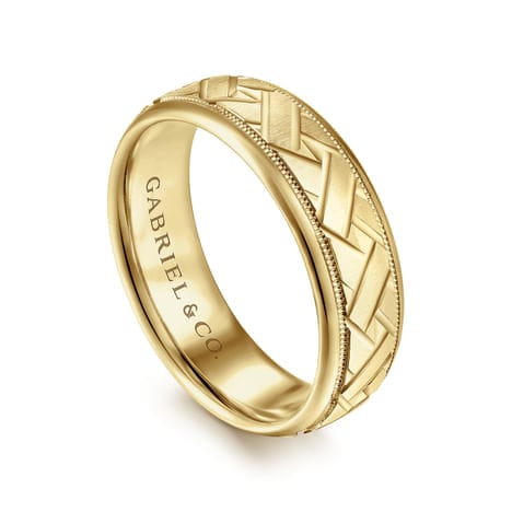 14K Yellow Gold 7mm - Engraved Woven Men's Wedding Band in Satin Finish - MBH0166-70Y4JJJ-Gabriel & Co.-Renee Taylor Gallery