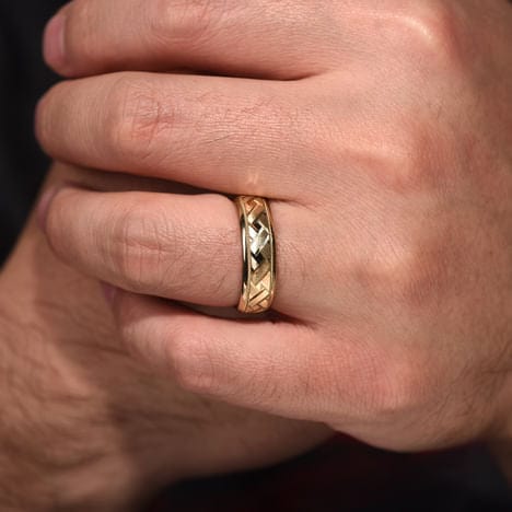 14K Yellow Gold 7mm - Engraved Woven Men's Wedding Band in Satin Finish - MBH0166-70Y4JJJ-Gabriel & Co.-Renee Taylor Gallery