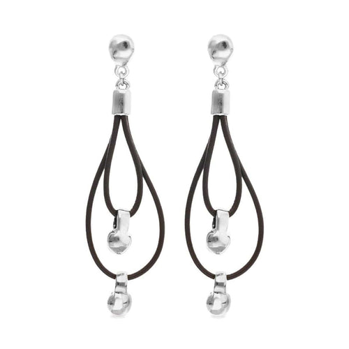Silver Drop Earrings with Leather Earrings and Sphere Detail - PEN1061MARMTL0U-UNO de 50-Renee Taylor Gallery