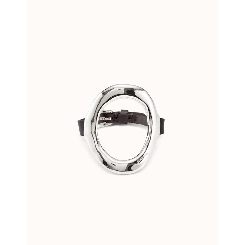 Leather Bracelet with a Sterling Silver Plated Large Central Oval - PUL2135GRSMTL0M-UNO de 50-Renee Taylor Gallery