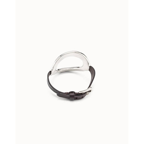 Leather Bracelet with a Sterling Silver Plated Large Central Oval - PUL2135GRSMTL0M-UNO de 50-Renee Taylor Gallery