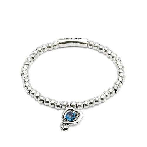 Sterling Silver Plated Beaded Bracelet with Heart and Blue Crystal - PUL2514AZOMTL-UNO de 50-Renee Taylor Gallery