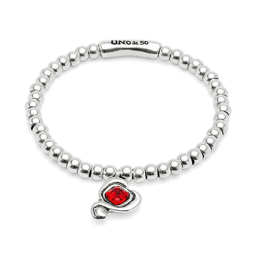 Sterling Silver Plated Beaded Bracelet with Heart and Red Crystal - PUL2514ROJMTL-UNO de 50-Renee Taylor Gallery