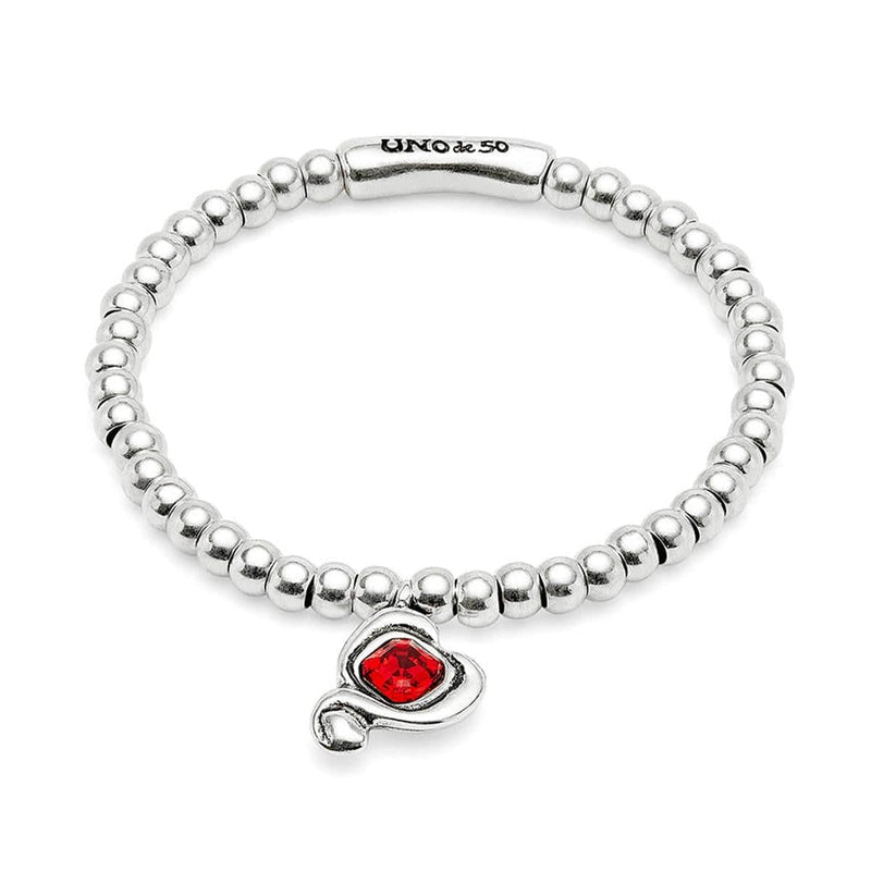 Sterling Silver Plated Beaded Bracelet with Heart and Red Crystal - PUL2514ROJMTL-UNO de 50-Renee Taylor Gallery