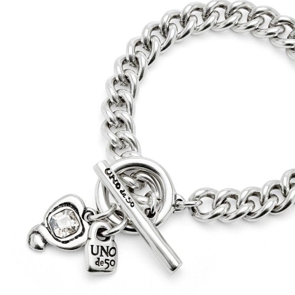 Sterling Silver-Placed Chain Sterling Silver Plated Bracelet with Heart and Clear Crystal - PUL2526CRSMTL-UNO de 50-Renee Taylor Gallery