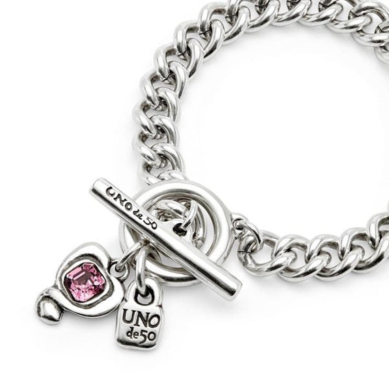 Sterling Silver Plated Chain Bracelet with Heart and Pink Crystal - PUL2526RSAMTL-UNO de 50-Renee Taylor Gallery