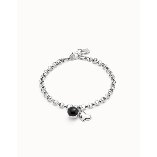 Sterling silver-plated chain bracelet with heart charm and black Murano glass - PUL2538NGRMTL-UNO de 50-Renee Taylor Gallery