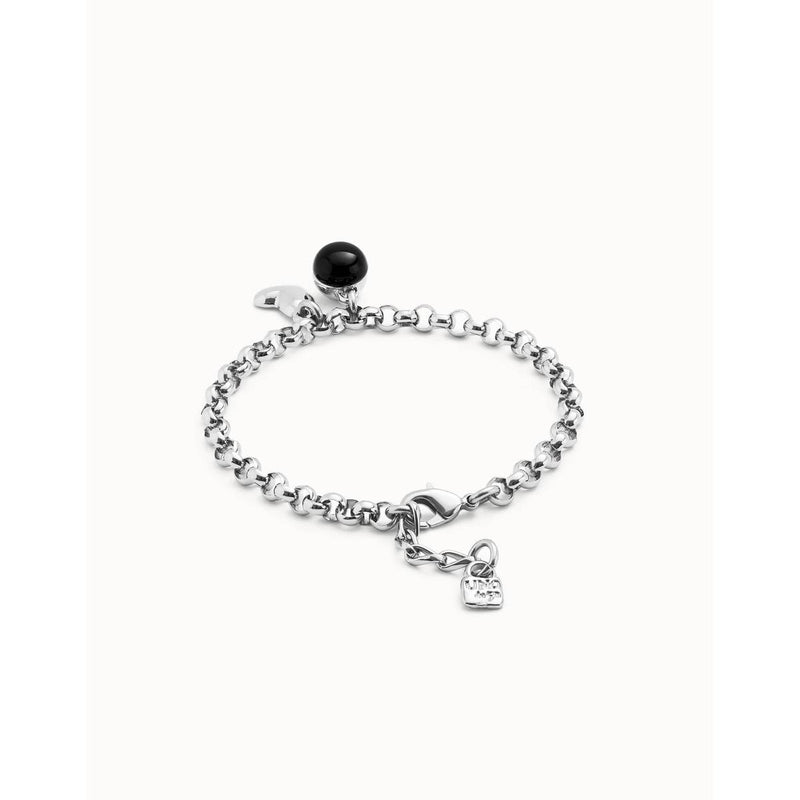 Sterling silver-plated chain bracelet with heart charm and black Murano glass - PUL2538NGRMTL-UNO de 50-Renee Taylor Gallery