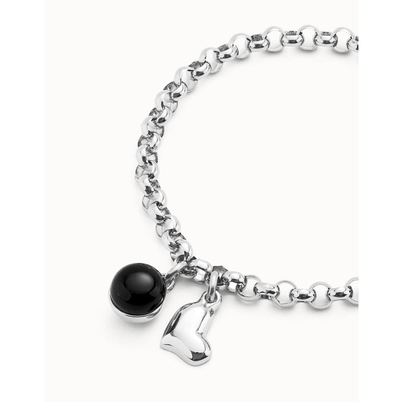 Sterling silver-plated chain bracelet with heart charm and black Murano glass - PUL2538NGRMTL-UNO de 50-Renee Taylor Gallery