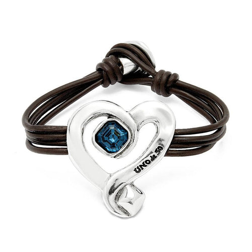 Leather Bracelet with Sterling Silver Plated Heart with Blue Crystal - PUL2542AZOMTL-UNO de 50-Renee Taylor Gallery