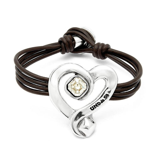 Leather Bracelet with Sterling Silver Plated Heart and Clear Crystal - PUL2542CRSMTL-UNO de 50-Renee Taylor Gallery