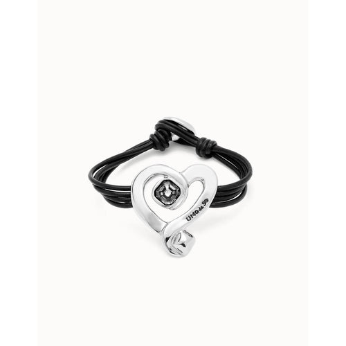 Leather Bracelet with Sterling Silver Plated Heart and Black Crystal - PUL2542NGRMTL-UNO de 50-Renee Taylor Gallery