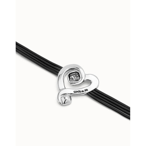 Leather Bracelet with Sterling Silver Plated Heart and Black Crystal - PUL2542NGRMTL-UNO de 50-Renee Taylor Gallery
