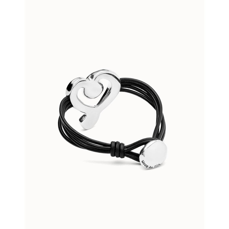 Leather Bracelet with Sterling Silver Plated Heart and Black Crystal - PUL2542NGRMTL-UNO de 50-Renee Taylor Gallery