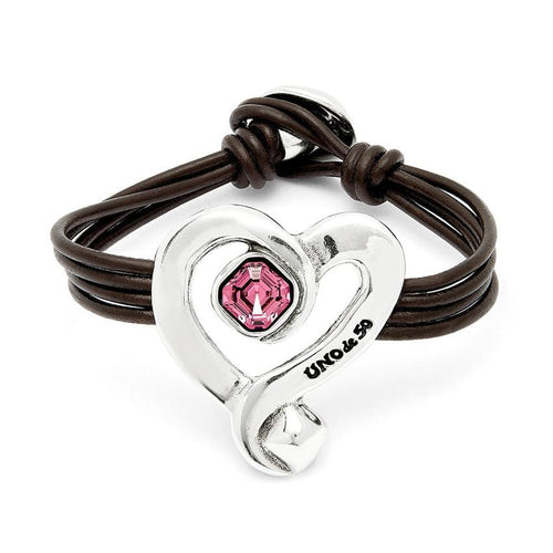 Leather Bracelet with Sterling Silver Plated Heart and Pink Crystal - PUL2542RSAMTL-UNO de 50-Renee Taylor Gallery