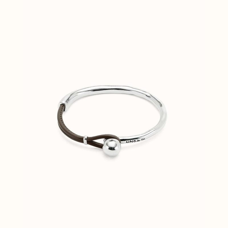 Semi-Rigid Sterling Silver Plated Bracelet With Brown Leather - PUL2551MARMTL-UNO de 50-Renee Taylor Gallery