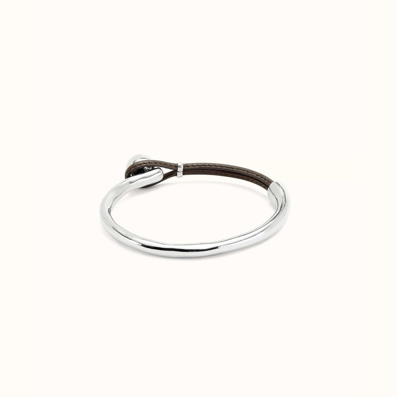 Semi-Rigid Sterling Silver Plated Bracelet With Brown Leather - PUL2551MARMTL-UNO de 50-Renee Taylor Gallery