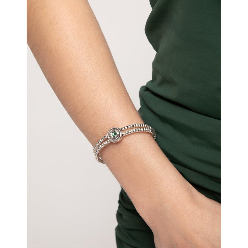 Ser Intuitiva Silver Two-Strand Beaded Bracelet with an Verde Eye-Shaped Charm - PUL2599VRDMTL0M-UNO de 50-Renee Taylor Gallery