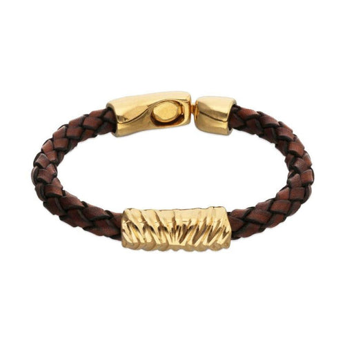 Brown Braided Leather Bracelet with a Golden Metal Detail - PUL2632MARORO-UNO de 50-Renee Taylor Gallery