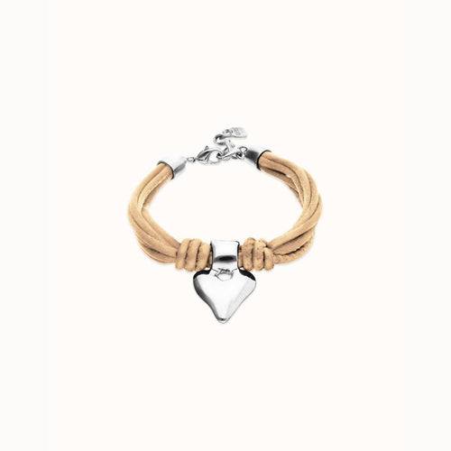 Bracelet in Silk Thread and Camel Leather with Silver Heart - PUL2640CAMMTL-UNO de 50-Renee Taylor Gallery