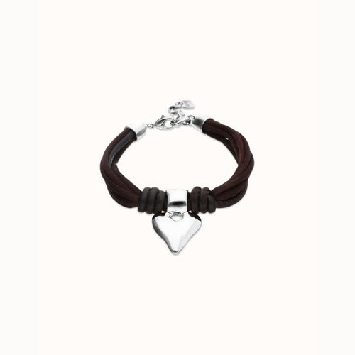 Bracelet in Silk Thread and Brown Leather with Silver Heart - PUL2640MARMTL-UNO de 50-Renee Taylor Gallery