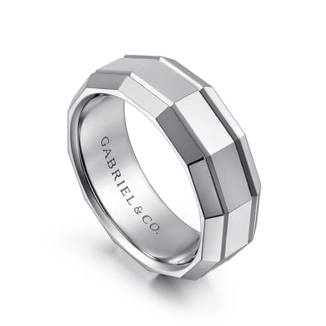 14K White Gold 8mm - Angular Men's Wedding Band in High Polished Finish - MBH0223-80W4JJJ-Gabriel & Co.-Renee Taylor Gallery