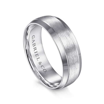 14K White Gold 7mm - Beveled Edge Men's Wedding Band in Horizontal Brush Finish - MBM0134-70W4JJJ-Gabriel & Co.-Renee Taylor Gallery