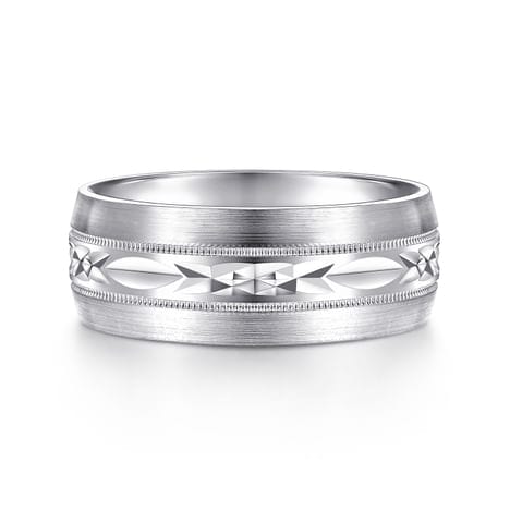 14K White Gold 8mm - Engraved Men's Wedding Band in Satin Finish - MBM0103-80W4JJJ-Gabriel & Co.-Renee Taylor Gallery