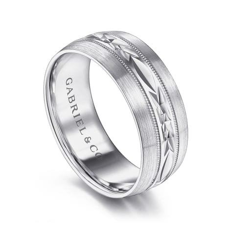 14K White Gold 8mm - Engraved Men's Wedding Band in Satin Finish - MBM0103-80W4JJJ-Gabriel & Co.-Renee Taylor Gallery
