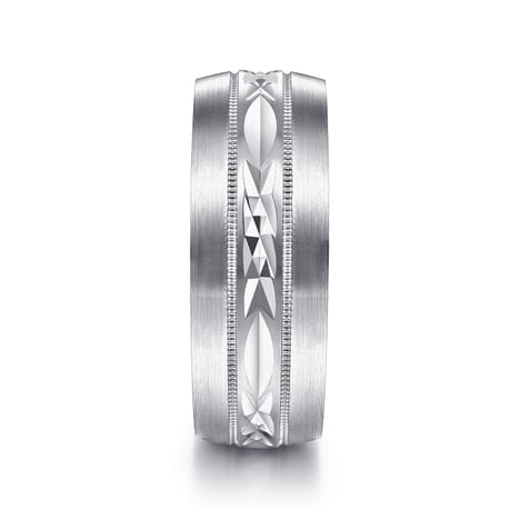 14K White Gold 8mm - Engraved Men's Wedding Band in Satin Finish - MBM0103-80W4JJJ-Gabriel & Co.-Renee Taylor Gallery